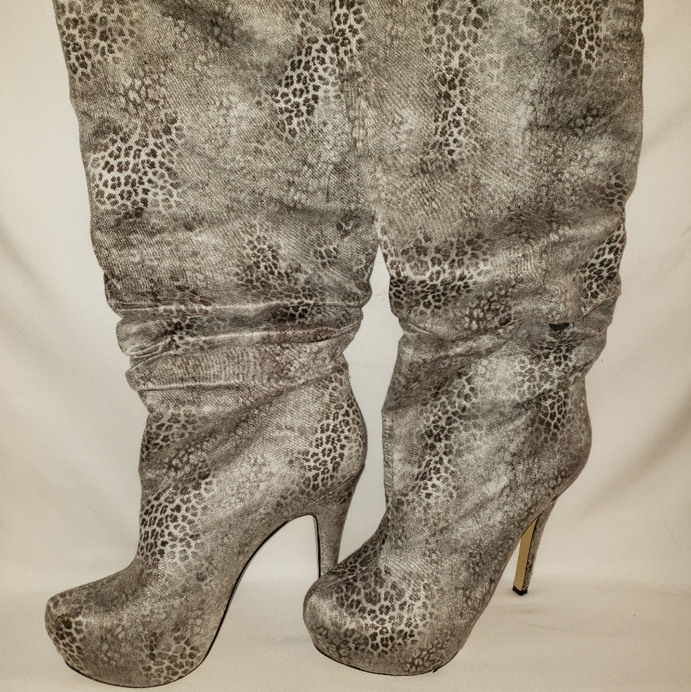 Grey Leopard Print Knee High Boots